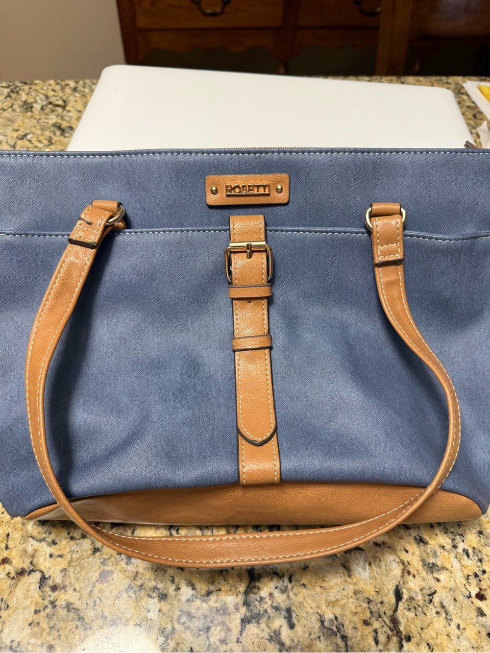 Rosetti Blue Canvas Tote with Tan Leather Trim and Buckle-9 x 14 1/2 x 5”